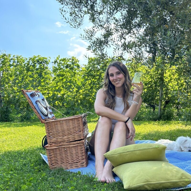 Ragazza seduta su telo con cestino da picnic sotto alberi di fronte a vigneti bresciani in Val Camonica