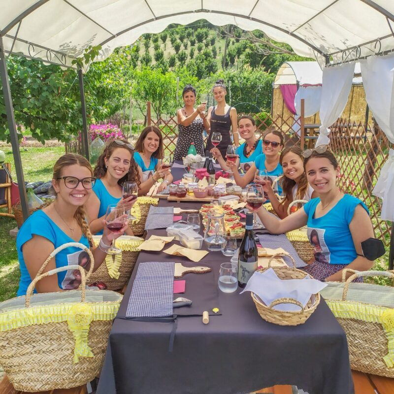 Persone che fanno picnic sotto un gazebo in un wine garden