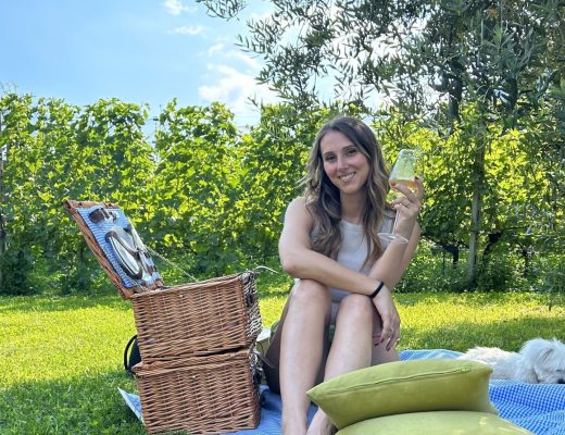 Ragazza seduta su telo con cestino da picnic sotto alberi di fronte a vigneti bresciani in Val Camonica