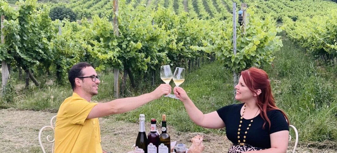 Ragazzi che brindano durante una degustazione di vino in una Villa Veneta circondati da vigneti