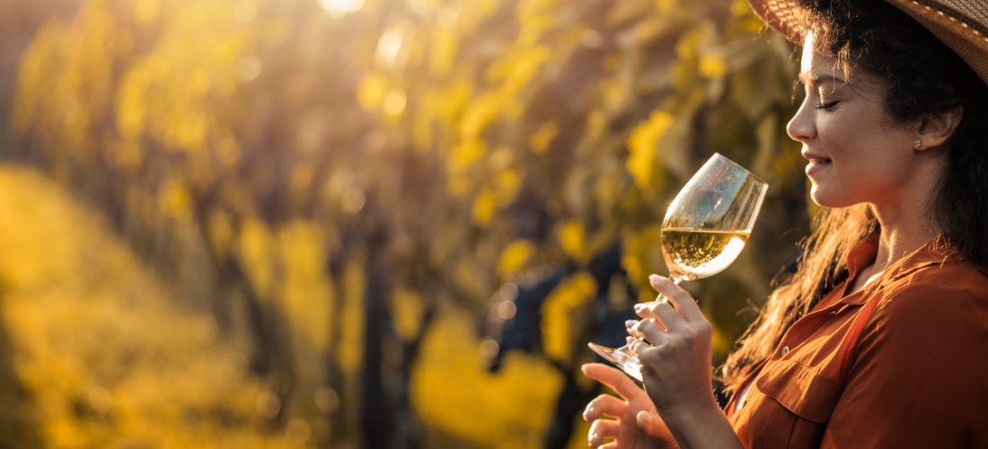 Ragazza che gusta un calice di vino nei vigneti al tramonto in Versilia