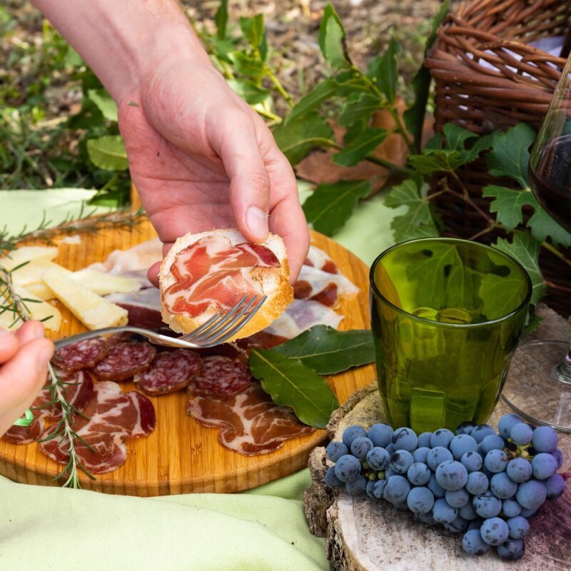 Degustazione di vino tra i filari con salame, uva e formaggi tipici di Viterbo su tagliere